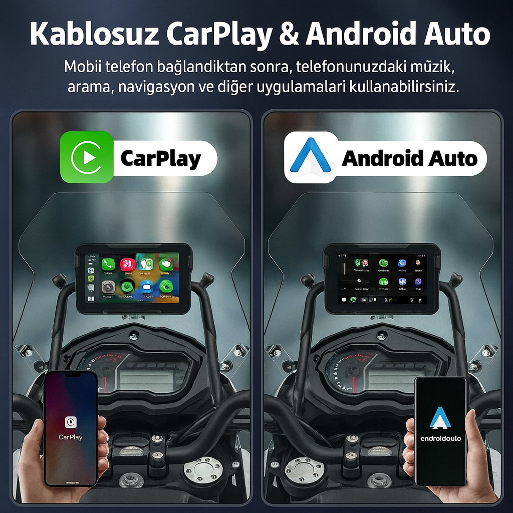 MotoEkran® – Su Geçirmez Kablosuz CarPlay & Android Auto Ekranı