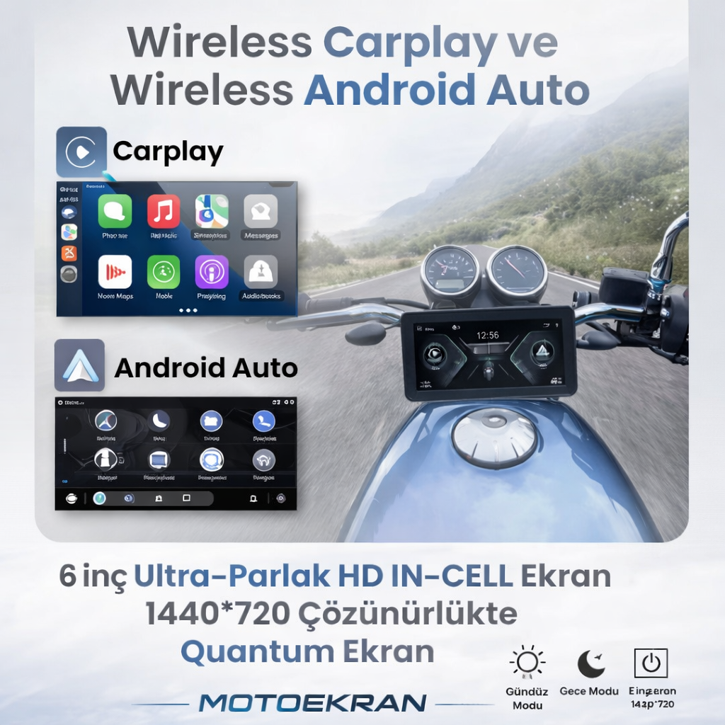 MotoEkran® – Su Geçirmez Kablosuz CarPlay & Android Auto Ekranı